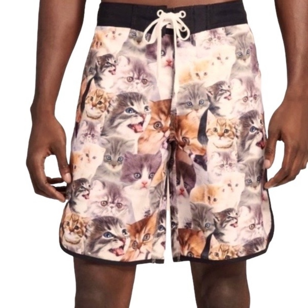 Bioworld Mens‎ All Over Kitten Print Swim Trunks Board Shorts Large F1811 Black